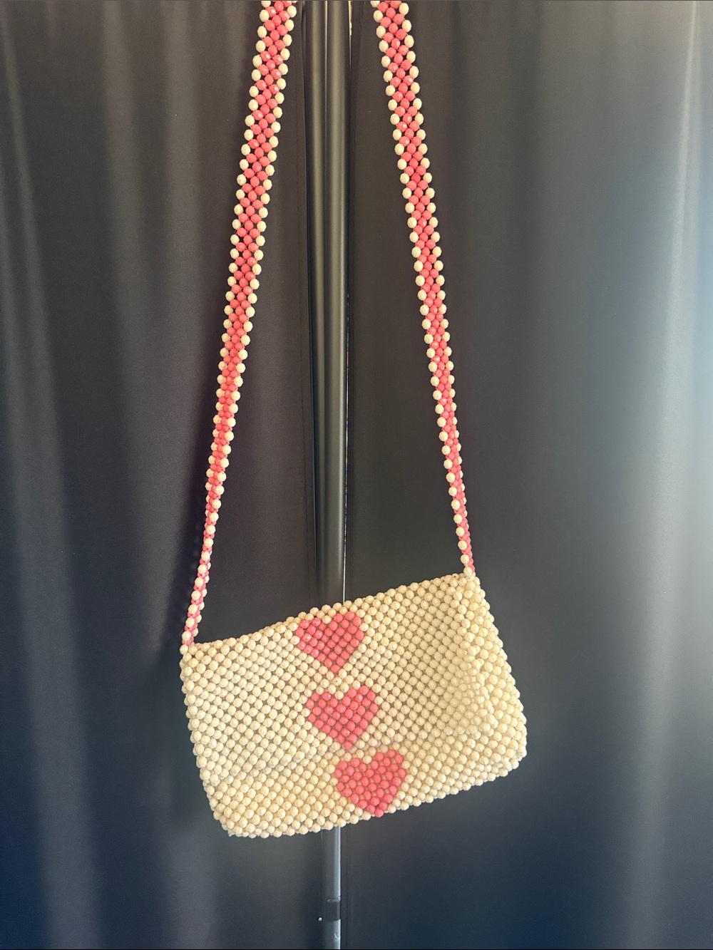Isaac Mizrahi Cream Beaded Crossbody with Pink Heart Accents
